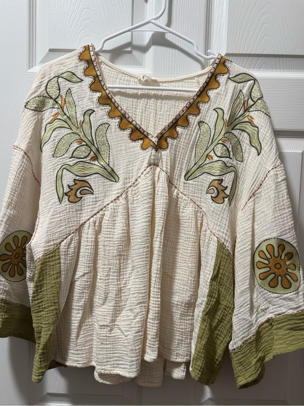 easel Cream Gauze Boho Embroidered Tunic with Olive & Mustard Accents